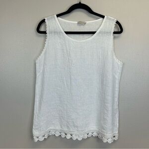 Bellambra White Linen Tank Top Crotchet Trim Womens L Beachy Travel Summer Boho